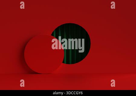 Minimalist festive background. Bold red geometric stage with circular cutouts revealing dark green pleated curtains. Perfect abstract backdrop for Chr Stock Photo