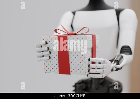 Close-up of a sophisticated robot arm handing a polka-dot wrapped present. AI, automation, and gift delivery concept. Modern AI cyborg presenting a ho Stock Photo
