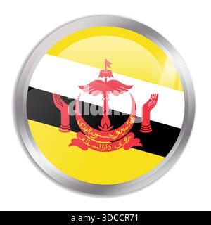Brunei flag - glossy circle button in metal frame displays a colorful flag of a country cultural identity and heritage. The essence of national pride and unity. Stock Vector