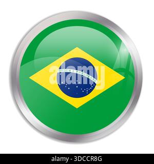 Brazil flag - glossy circle button in metal frame displays a colorful flag of a country cultural identity and heritage. The essence of national pride and unity. Stock Vector