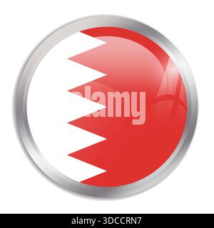 Bahrain flag - glossy circle button in metal frame displays a colorful flag of a country cultural identity and heritage. The essence of national pride and unity. Stock Vector