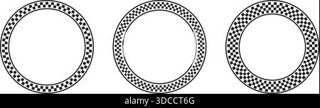 Set of checkered round frames. Vignettes with checkerboard, rally flag or chess game plane black and white print. Circular geometric frameworks Stock Vector