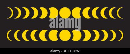 Moon phases. New, quarter, crescent and full Luna or eclipse yellow silhouettes isolated on black background. Lunar calendar cycle. Astrology sings Stock Vector