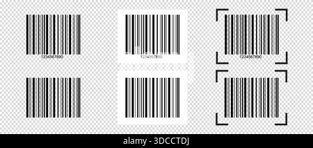 Set of barcode stickers. Blank bar code label templates isolated on transparent background. Visual presentation of digital data with product or Stock Vector