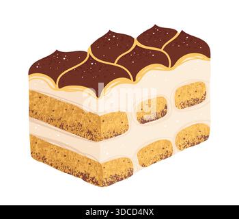 Tiramisu dessert slice with cocoa and cream, hand drawn texture illustration. Sweet holiday Italian dessert art. Vector hand drawn cartoon Tiramisu design for menu, signboard, showcases print, poster Stock Vector