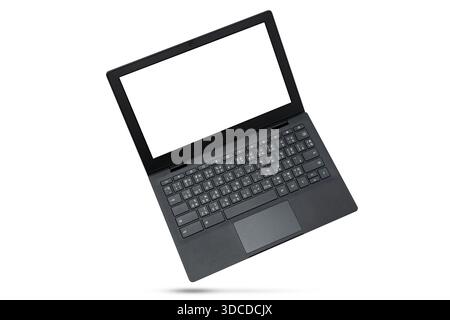 Black laptop with empty white screen isolated on white background, angled view. Ideal for mockup, advertising, e-learning, office, business, and techn Stock Photo