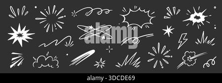 Cartoon speed effect comic line element set. Hand drawn doodle sketch boom burst, bomb smoke, explosion cloud cartoon elements. Comic speed effect, power flash, explosive shapes. Vector illustration Stock Vector
