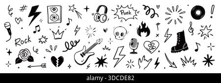 Rock n roll punk music doodle icon set. Graffiti, tattoo hand drawn doodle sticker, text, skull, heart, skate, gesture hand. Marker scribble sketch music icons. Grunge rock vector illustration Stock Vector
