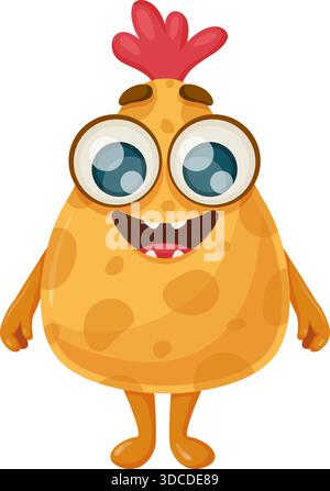cheerful yellow monster mascot with glasses, toothy grin and spotted body posing on white background, playful Stock Vector