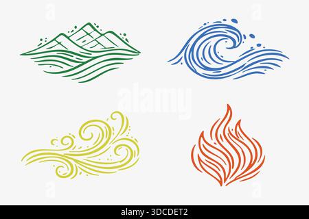 Set of four colored swirls representing mountain earth, ocean wave, air wind, and fire flame. Stock Vector