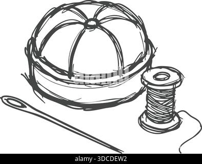 Hand drawn cap beside a needle, spool and thimble suggesting repair or crafting. Stock Vector