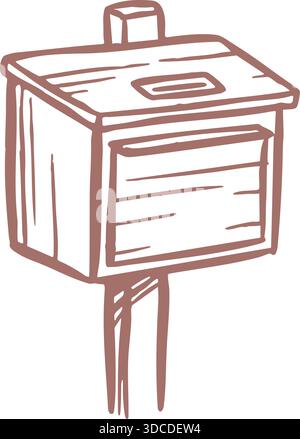 Hand drawn roadside mailbox mounted on a post with a simple rectangular door. Stock Vector