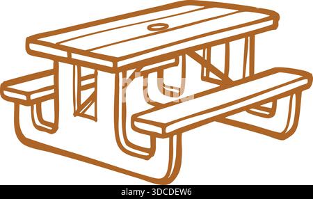 Simple line drawing of a sturdy picnic table with attached benches. Stock Vector