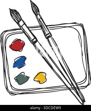 Tray with paint dabs and two brushes ready for art making. Stock Vector