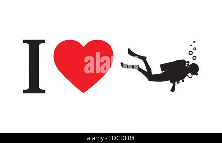 I Love Scuba Diving Silhouette Vector – Underwater Diver Sport Icon Stock Vector