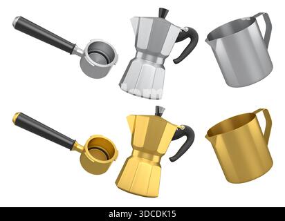 Set of espresso coffee machine horn, pitcher cup and geyser coffee make on white background. 3d render of coffee pot for making latte coffee Stock Photo