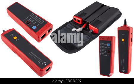 Compact RJ45 twisted pair tester with LED indication of breaks and short circuits. On a white background in insulation. Stock Photo