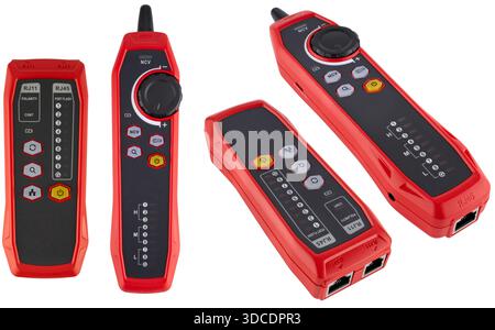 Red internet cable tester with two blocks and sequential wire indication. On a white background in isolation. Stock Photo