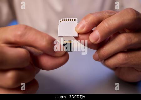 Comparison of SD and MicroSD Cards in Different Hands and Their Various Uses and Features Stock Photo
