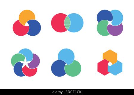 Graphical Venn diagram infographic sections set. Overlapping shapes circles chart line. Venn diagrams with overlapping circles, showing a common area, for infographic presentation. Vector illustration Stock Vector