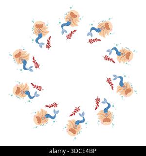 Round Sea Frame with Mermaid Illustration Stock Vector