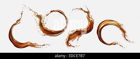 Round coffee splashes set isolated on transparent background. Vector realistic illustration of brown liquid pouring swirls, cola or tea flow with drops, abstract dark drink spill, beverage splatter Stock Vector