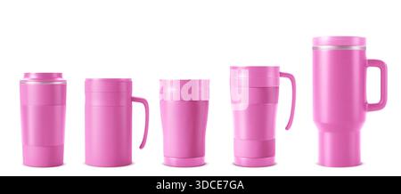 Pink tumbler set with realistic travel mug mockup. Thermal insulated cup set with handle and lid for coffee or water. Stainless steel thermos bottles with reusable flask designs for corporate branding Stock Vector