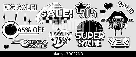 Y2K retro sale stickers with halftone patterns and bold text - trendy badge with discount labels, stars and geometric shapes. Vintage 90s graphic design elements with funky aesthetic for promo offers. Stock Vector