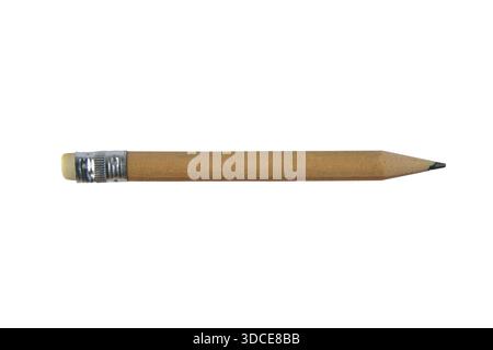 Wooden round pencil with eraser isolated on white background. Classic stationery item for writing, drawing, education, and office or school design con Stock Photo