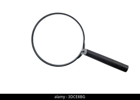 Black plastic magnifying glass isolated on white background. Simple optical tool for inspection, reading, research, and education concepts. Stock Photo