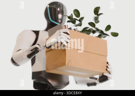 modern, black and white humanoid robot performs a task, holding a packing box with a green plant. This image illustrates automation, future technology Stock Photo