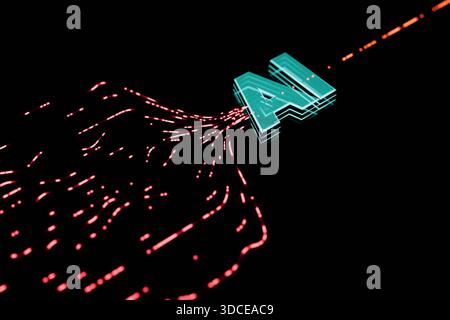 Artificial Intelligence concept. Glowing red data lines stream towards the futuristic green 3D AI logo on a dark background. Represents technology, co Stock Photo