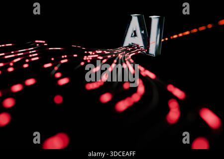 The future of technology. Dynamic light streams flow into the 3D AI text logo on a black background. Concept for data analysis, computing power, and d Stock Photo