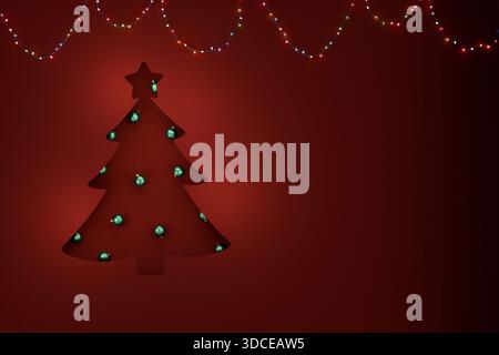 Minimalist holiday design. Stylized Christmas tree cutout illuminated by green bulbs on a deep red backdrop. Perfect for greeting cards, banners, and Stock Photo