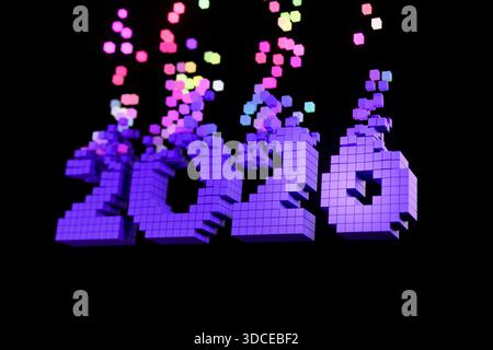 Purple pixelated 2026 text with vibrant, multi-colored square particles cascading from the top, set against a dark, minimal background. Concept for di Stock Photo