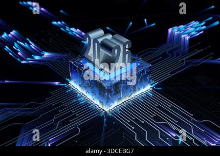 Year 2026 in glowing purple text on a futuristic, bright blue cube processor, CPU chip. Concept for technology trends, AI, digital transformation, and Stock Photo