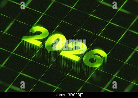 Bright green, bold 3D text 2026 on a futuristic dark grid or digital screen background with a retro CRT effect. Concept for technology, virtual realit Stock Photo