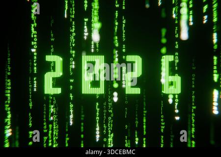 Bright green 2026 digital text displayed within a classic Matrix-style falling code background. Concept for technology, cyber security, AI, the digita Stock Photo