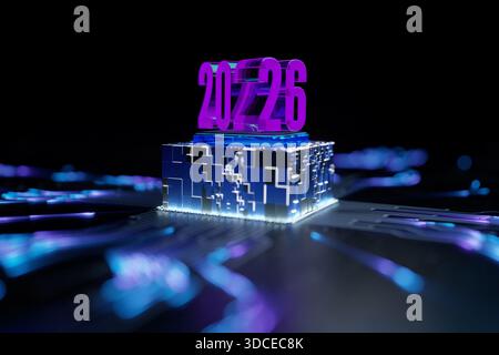 Year 2026 in glowing purple text on a futuristic, glowing blue cube processor, CPU chip. Concept for technology trends, AI, digital transformation, an Stock Photo