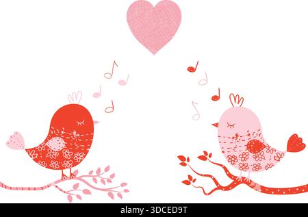 Cute vector greeting card with sweet birds in pink and red colors on tree branches for Valentine's day, wedding invitations and greeting cards Stock Vector