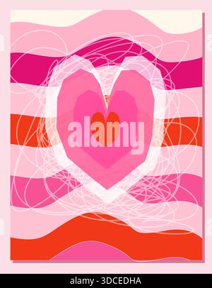 Modern geometric vector heart greeting card on wavy stripes in pink and red colors for Valentine's Day designs Stock Vector