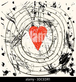 Abstract vector poster with red doodle heart, black circle spiral and splattered stained paint brush texture for graphic design Stock Vector