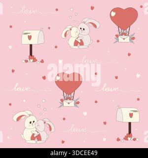 Vector holiday background with cute bunnies, heart-shaped balloons, and mailboxes. Delicate pink pattern for wrapping paper and Valentines day Stock Vector