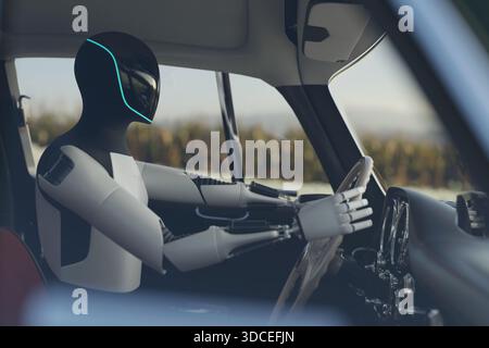 Futuristic humanoid robot in the driver's seat of a classic car, representing the future of AI and autonomous driving technology. Conceptual image of Stock Photo