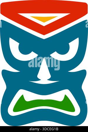 Fierce tiki mask with geometric crown. Polynesian tribal face design in bold vector style for cultural and decorative uses Stock Vector