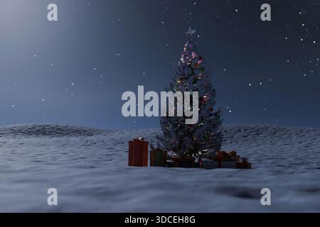 beautifully decorated Christmas tree, covered in snow and surrounded by presents, stands in a vast, snowy field under a clear, starry winter night sky Stock Photo