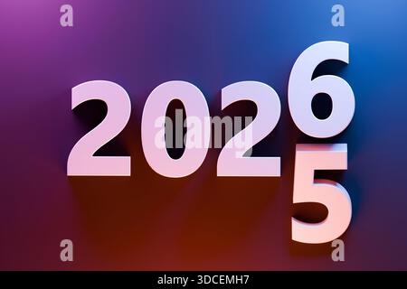 White 3D numbers 2025 and 2026 on a colorful pink blue gradient background, symbolizing New Year celebration, time change, future, and new beginnings. Stock Photo