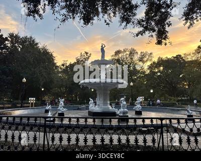 Historic Victorian fountain at sunset in Forsyth Park in Savannah Stock Photo