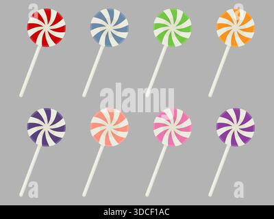 Colorful swirl lollipop vector set. Round hard candy icons Stock Vector