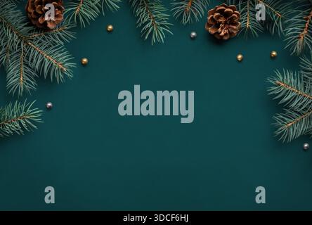 Fir tree branches and pine cones on green background. Christmas composition. Stock Photo
